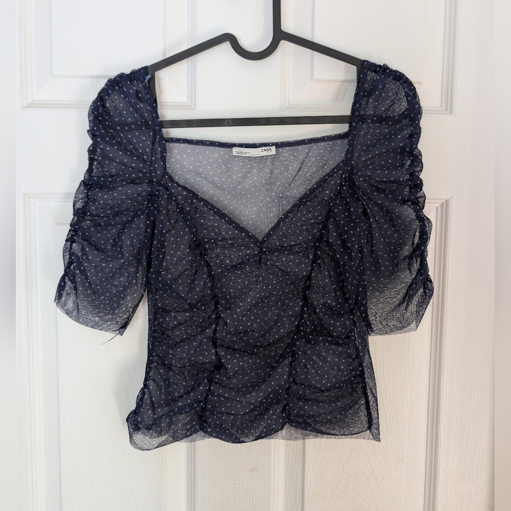 Zara Navy Blue Polka Dot Sheer Top